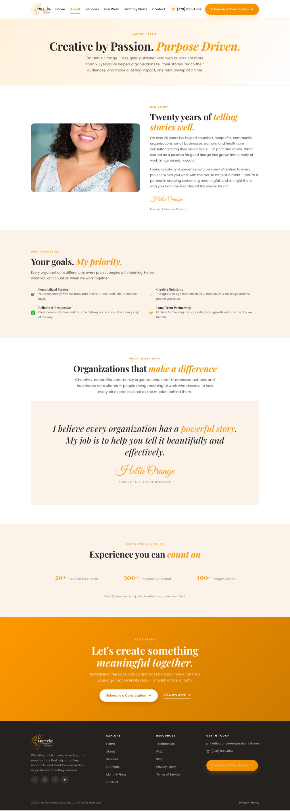 The About page of the Hettie Orange Designs website &mdash; the twenty-year story that earns the trust the rest of the site asks for.