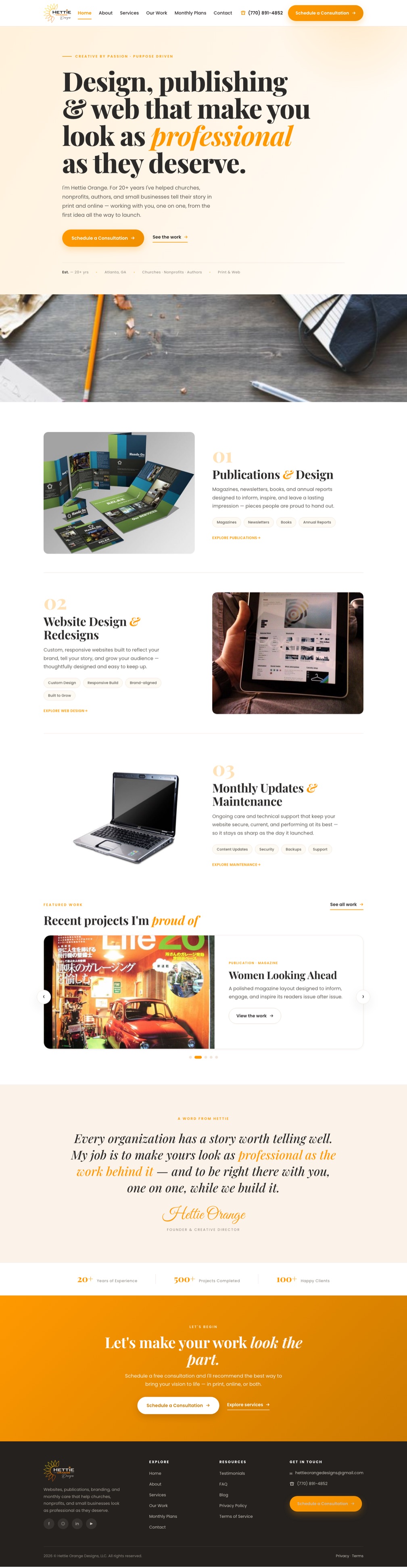 The Home page of the Hettie Orange Designs website &mdash; the hero, the three service lanes, and the first call to action.