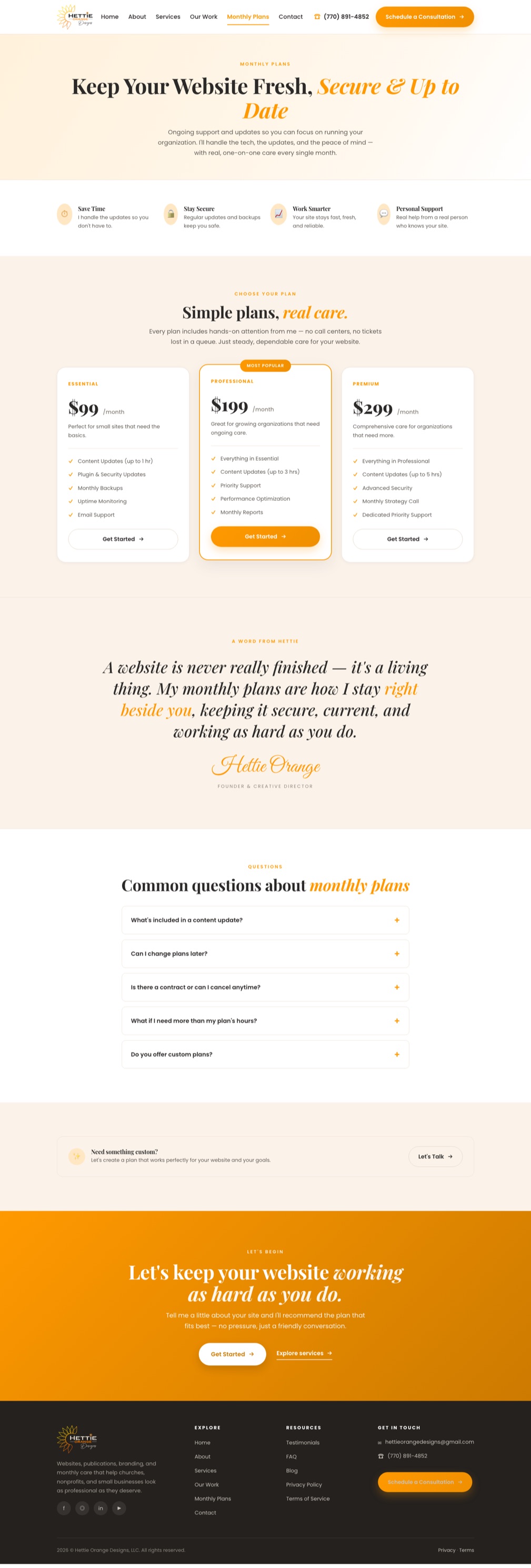 The Monthly Plans page of the Hettie Orange Designs website &mdash; the ongoing care plans, priced and explained in plain terms.
