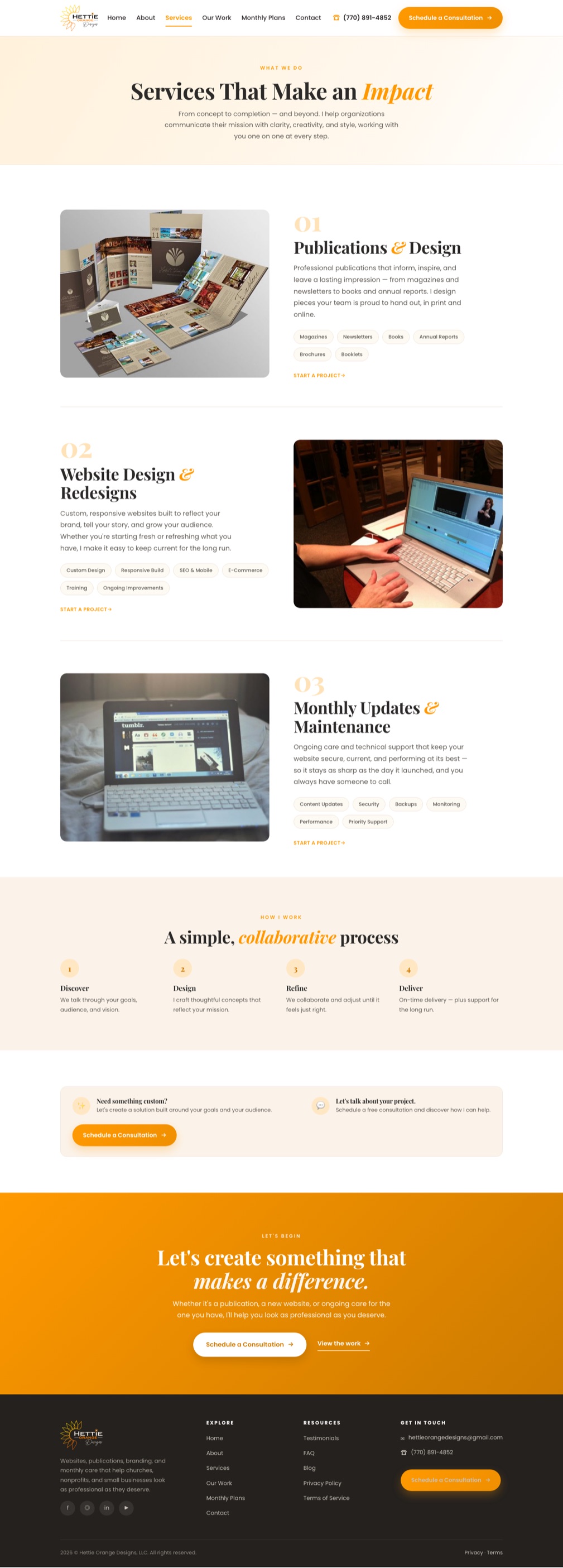 The Services page of the Hettie Orange Designs website &mdash; each service explained in the client's language, not the industry's.