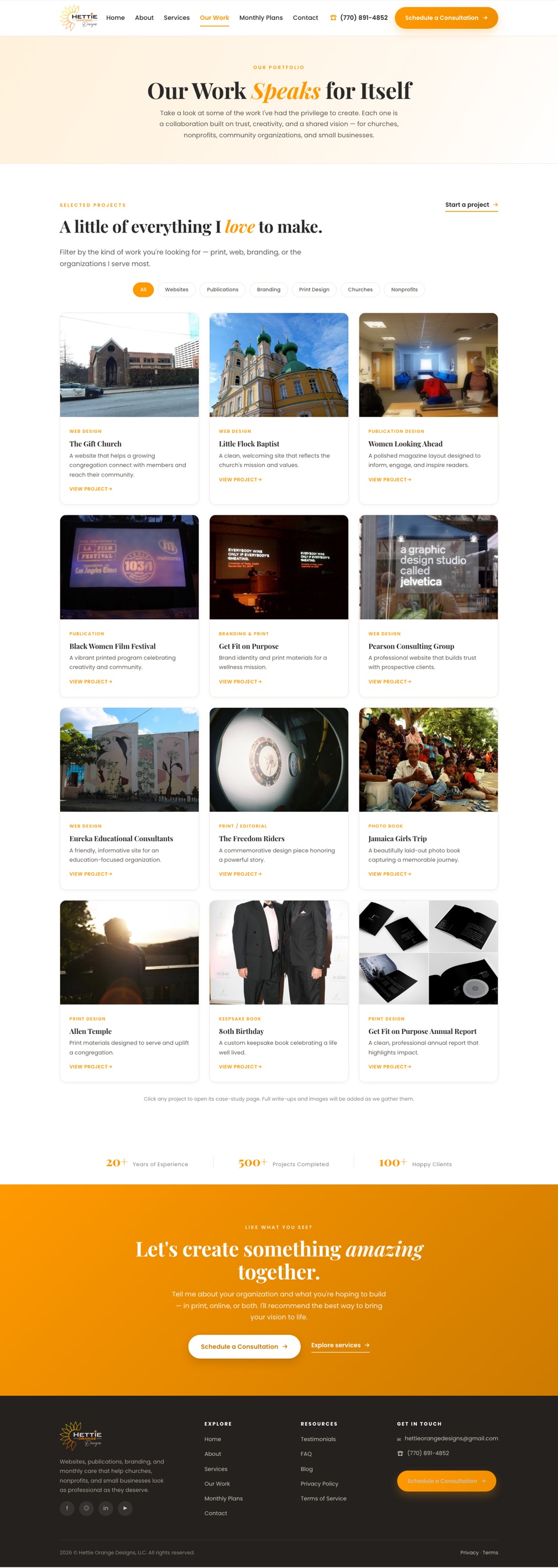The Our Work page of the Hettie Orange Designs website &mdash; the portfolio, built to grow as projects are approved for release.